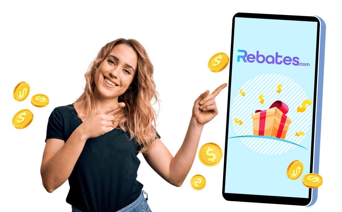 Woman Pointing At Rebates.com App